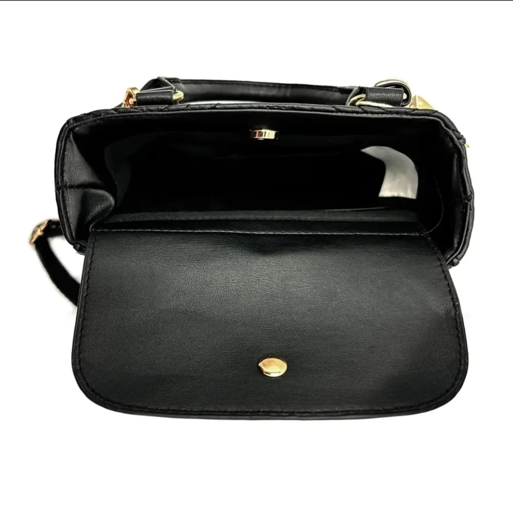 Valentino Orlandi Black Quilted Satchel with Gold Logo Charm and Strap